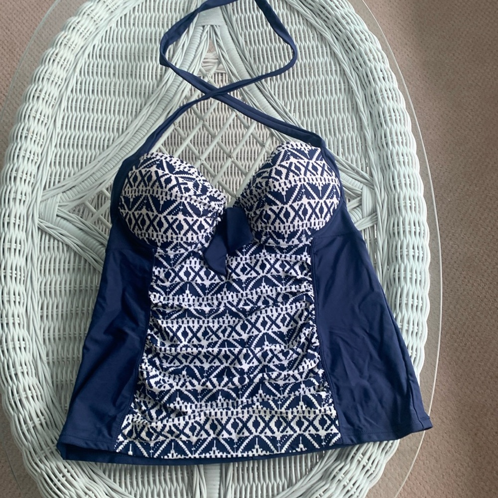Blue and white halter tankini top